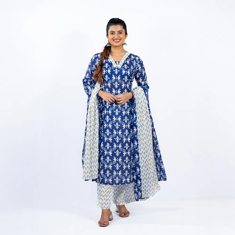 Navy Blue with White and Yellow Pattern Palazzo and Dupatta in Pure Cotton