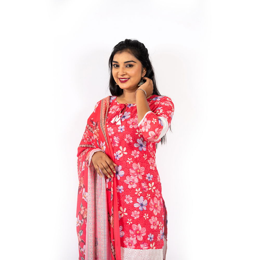 Red Cotton Hakoba Kurta with Muslin Trouser and Dupatta