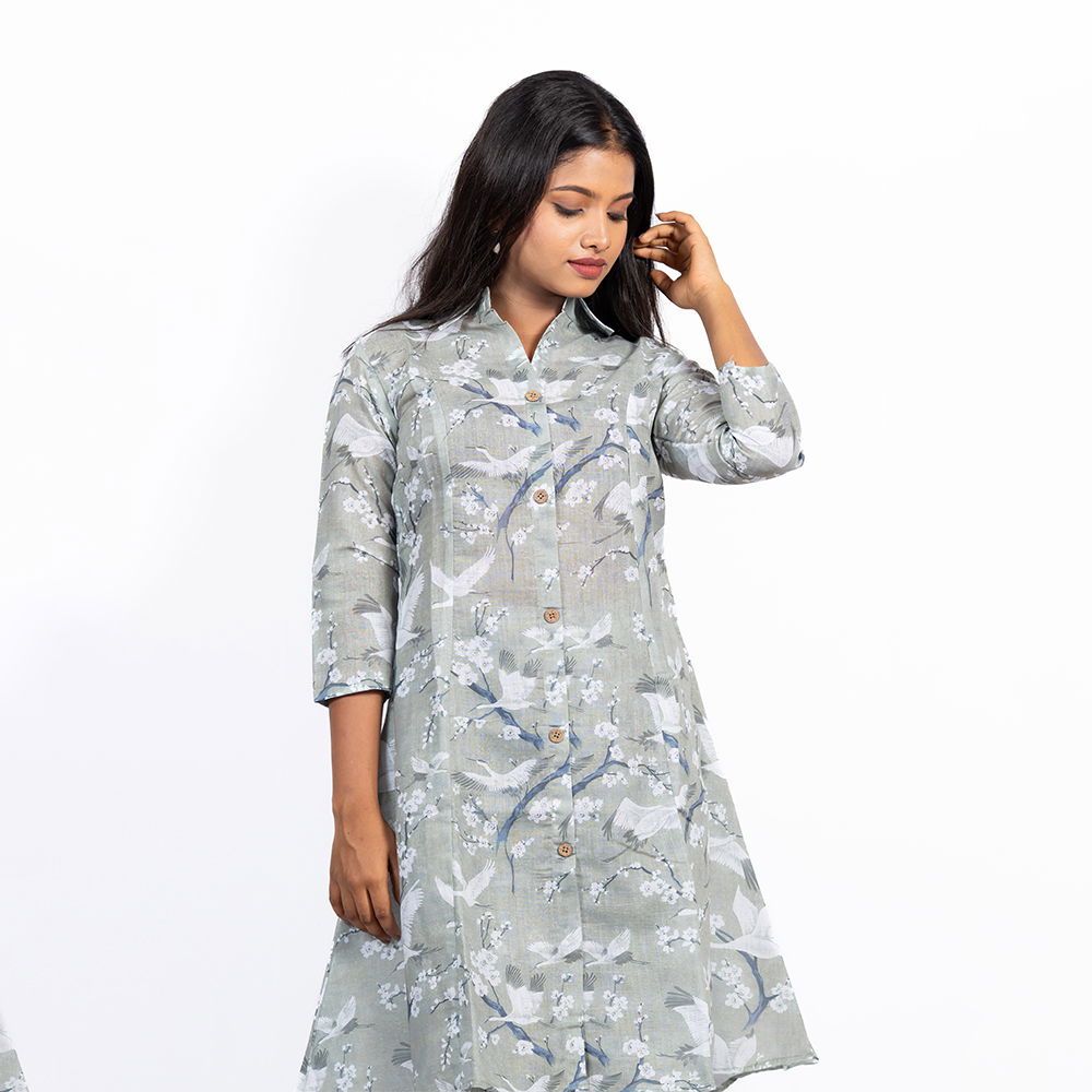 Muted Sage Green Pure Linen with Bird and Floral Pattern