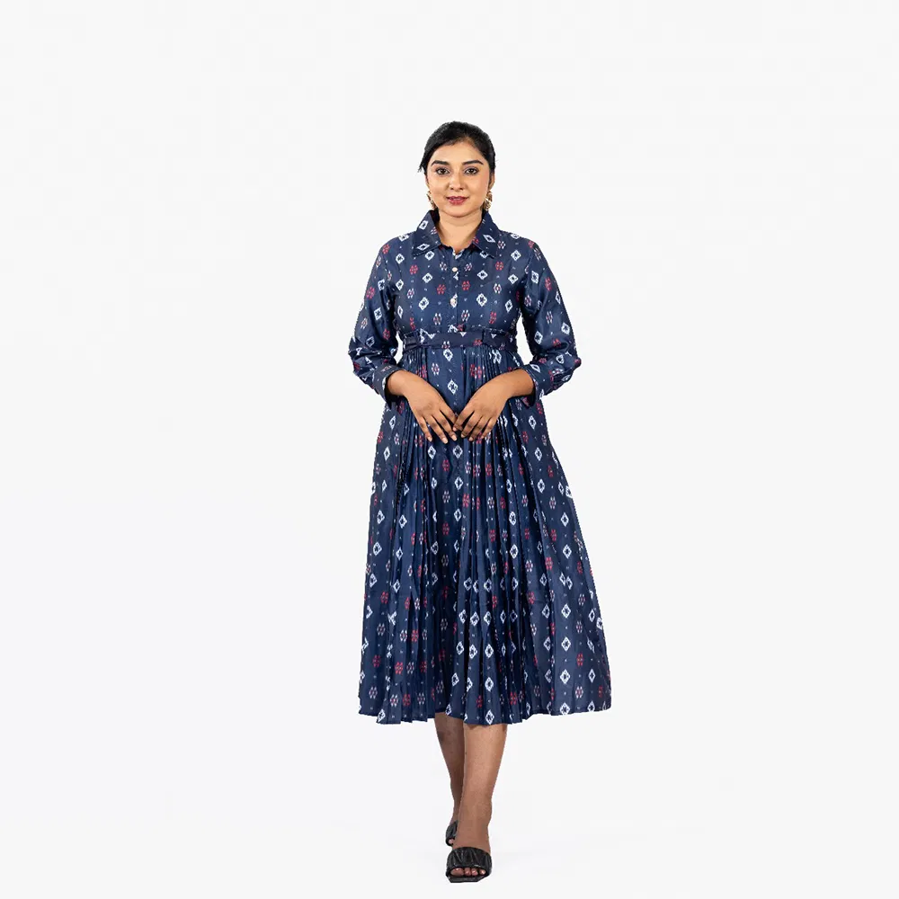 Ink Blue Linen Formal Dress with Neat Pleats and Belt to Go Along