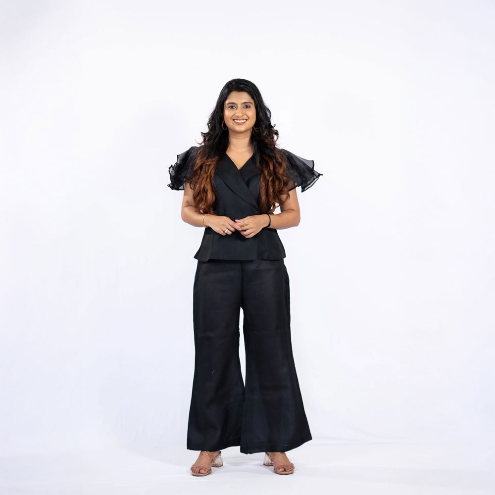 Black Linen Cord Set with Organza Frill Sleeves