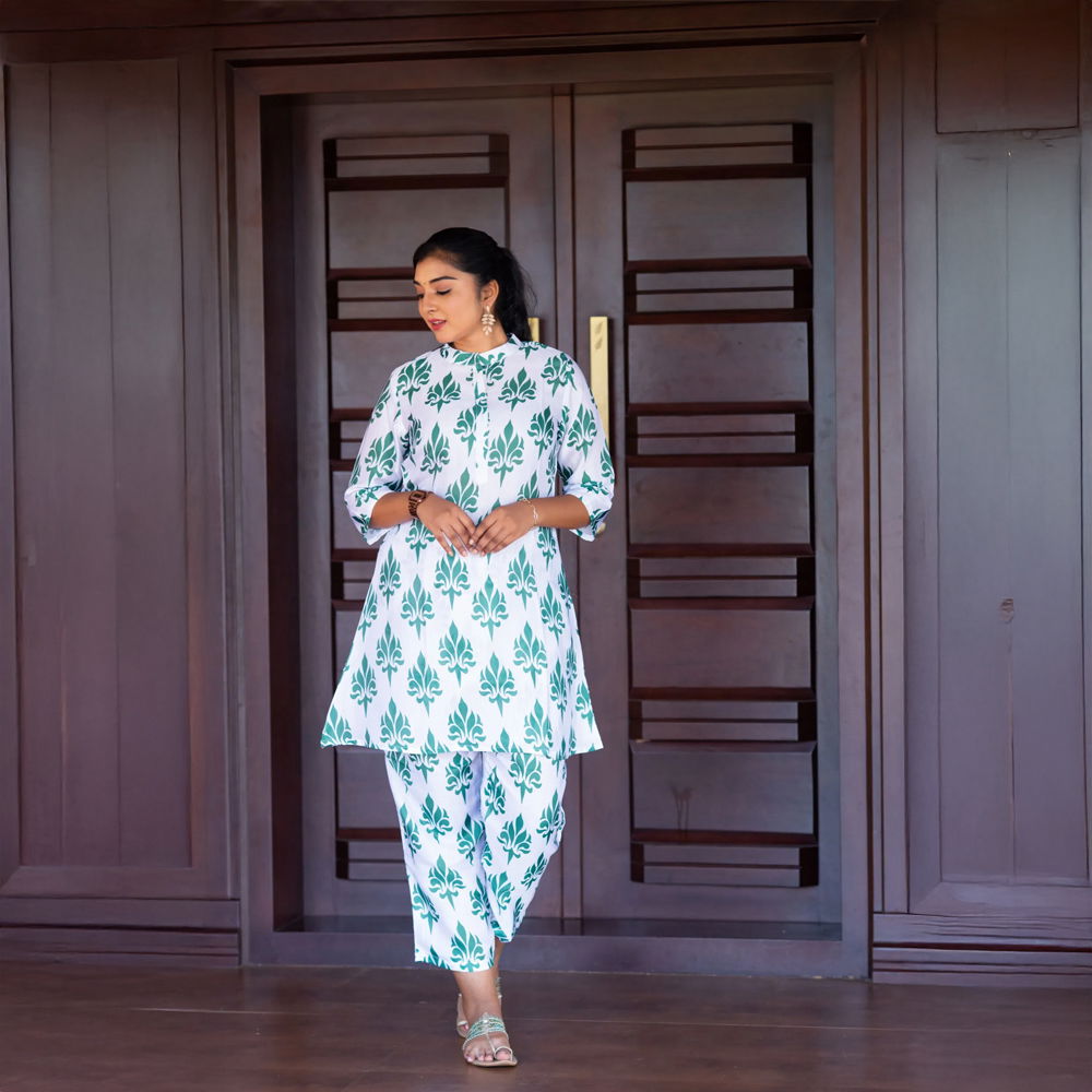 White with Green Block Print Cord Set in Linen Satin