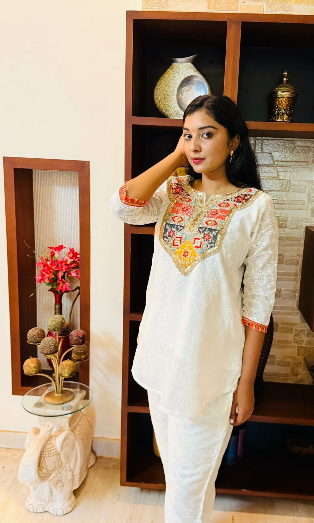 Cotton hakoba cord set with intricate neck embroidery